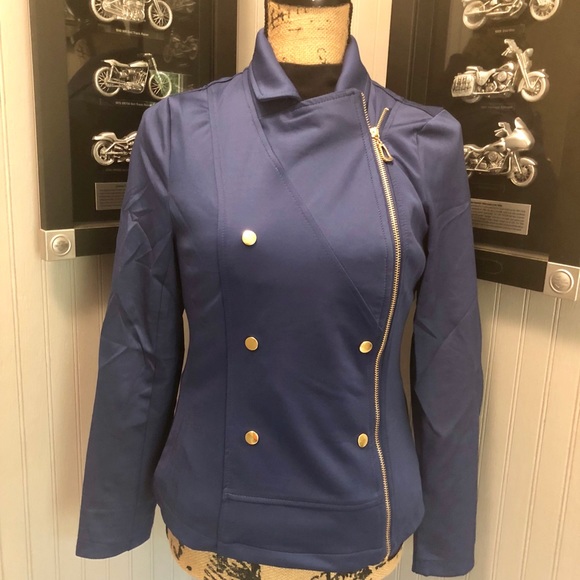 Navy Moto Jacket With Button Detail - Picture 6 of 8